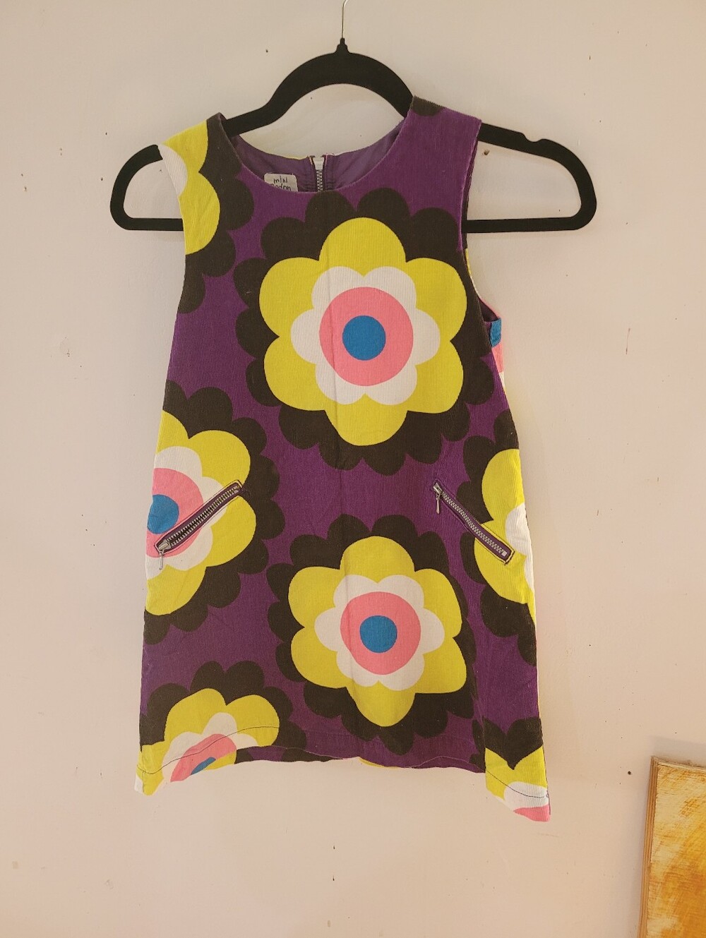 Mini Boden 7-8 Retro Floral Shift Dress in Purple & Yellow Corduroy